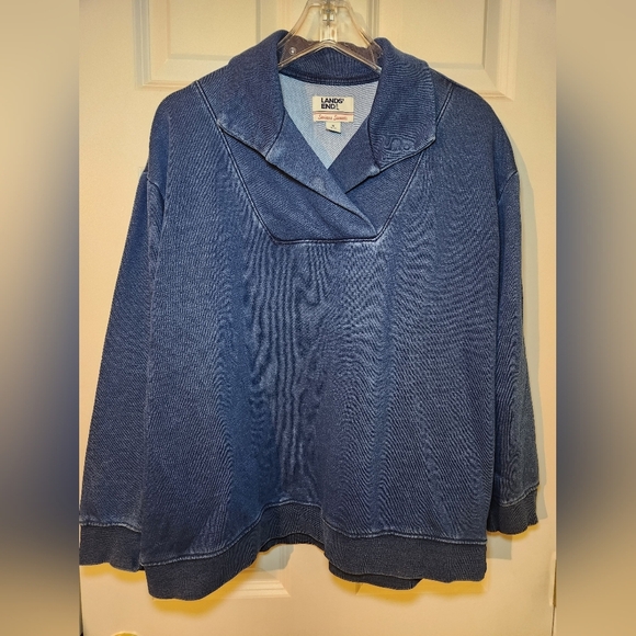 Lands End Serious Sweats Denim Blue Pullover Collared Sweatshirt Womens Sz M - Picture 1 of 6